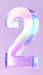 The number "2" is made of glass, with an iridescent gradient color scheme and a light purple background. The transparent crystal font has sharp edges on the surface, with high contrast between highlights and shadows. It features a white center i