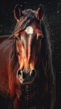 A powerful stallion with ruby eyes and chestnut fur, in the style of detailed atmospheric portraits, sparkling water reflections, hyper-detailed illustrations, wandering eye, Fujifilm Eterna Vivid 500T, deep-red and warm-brown, intense close-ups