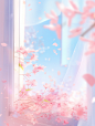a photo of pink blossoms and colorful leaves, in the style of dreamlike illustration, windows vista, soft atmospheric scenes, uhd image, romantic illustrations, light blue, organic material