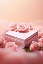 An empty pink gift box surrounded on roses, in the style of realistic landscapes with soft, tonal colors, editorial illustrations, resin, subtle gradients