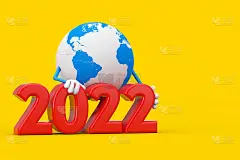 地球角色吉祥物与2022年新年标志。3d渲染