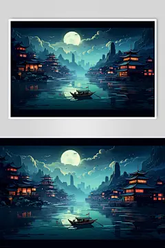 AI数字艺术语文课本中的水墨式建筑插画-众图网