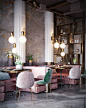 The new project of the restaurant №2 on Behance. Nika Zupanc's Stay chairs in yummy pastels, velvety pink banquettes, white columns that pop against the warm grey and gold walls. Grey floors. Those gorgeous pendant lights. And hits of gold. Delicious!!