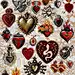many different types of heart shaped brooches on a white background with gold and red accents