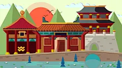 中国风古代建筑城楼城墙鼓楼古镇凉亭古塔复古psd插画海报模板