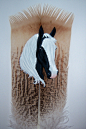 Acrylic Painting of a Black & White Paint Horse on a Penciled Palm Turkey Pretail Feather