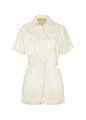 Pale Yellow Short Sleeve Romper : 
Utility Romper w/Pointed Collar
Patch Pockets at Chest
Pleats at Waist. 2 Side Pockets
Seam Detailing.  Side Belt Tabs
Zip & Button Front Closure
100% Cotton

4.75'' Inseam Length, 13.5'' Rise
34'' Total Length
S- 38