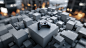 Isometric view of the obsidian black and platinum metal futuristic game controller on top of a matte grey cube in an isometric void with many cubes, in the style of Tatsuya Tanaka, rendered using Octane Render, Unreal Engine, and Blender, high resolution.