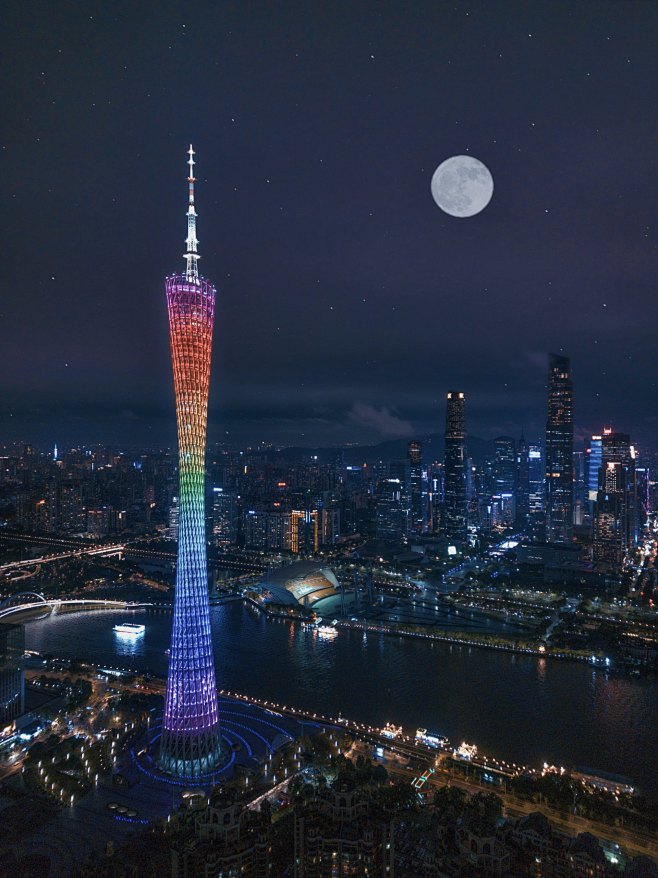 航拍夜晚的广州塔
