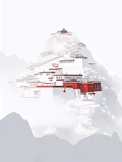 布达拉宫被白色浓雾包围，佛教禅宗平面插图海报