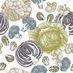 无缝模式与手绘卷心菜插图。