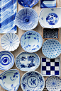 Japanese indigo tableware, pots, cups. so much cooler than the typical blue tableware in the US!!