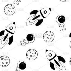 空间无缝模式。矢量手绘。数码纸，纺织品，包装，背景。单色,极简主义。月球,宇航员,火箭。
