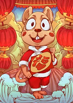 2020年鼠年红色中国风卡通老鼠插画