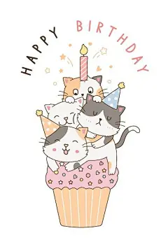 two cats are hugging each other on top of a cupcake with the words happy birthday
