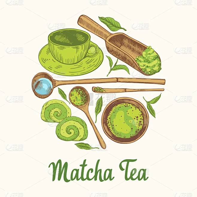 抹茶矢量插图与食物和饮料素描。圆的成分。日本民族和民族茶道。传统的喝茶时间。设计中的装饰元素。素材-花瓣网