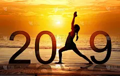 天空,幸福,2019,标志,数字,海滩,瑜伽,新年卡,剪影,日落