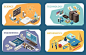 Stem education concept isometric compositions cards with science lesson engineering software mathematics geometric shapes Free Vector