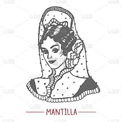 Mantilla的女孩和Peineta的手绘风格