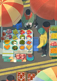 水果摊位 买卖市民 新鲜瓜果 市井插图插画设计AI tid283t000757