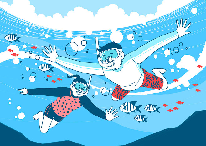 自由潜水 淡彩手绘 水上竞技  休闲运动...
