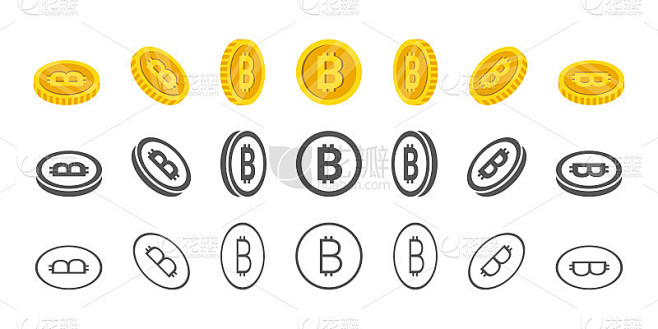 比特币的硬币。旋转图标在不同的角度动画。在等距硬币。矢量图