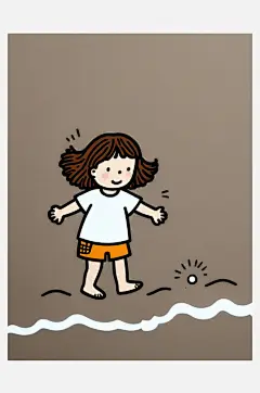 数字艺术插画版画海边女孩线条画扁平风装饰-众图网