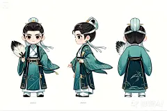 生成ip形象设计 手绘 Q版 手绘 插画 矢量 漫画  背景简单 细节丰富  三视图 正视图 侧视图 后视图 主体是诸葛亮 手里拿着羽毛扇 穿着古风的衣服 容貌俊美,面白如玉,唇红齿白,五 (4)