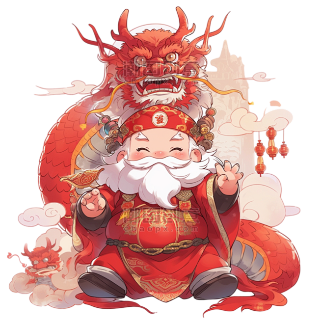 潮国创意新年龙年手绘元素财神卡通