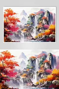 AI数字艺术水墨风秋天秋季自然风景插画