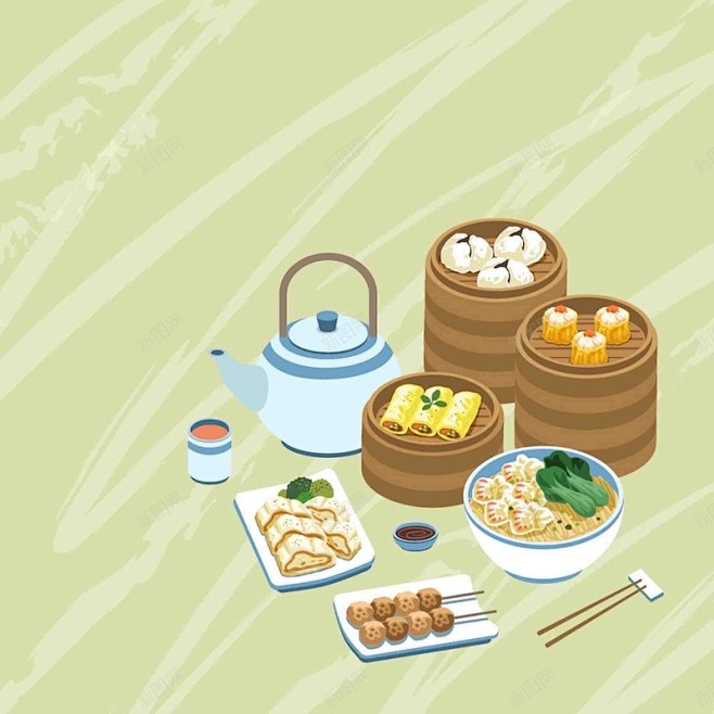 手绘矢量旅游香港美食点心早茶海报背景 海...