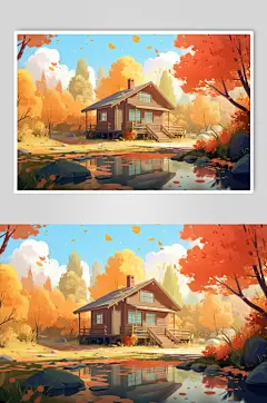 AI数字艺术手绘房子秋天秋季唯美风景插画