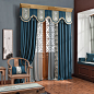M602现代新中式窗帘布 中式古典绣花边拼接窗帘 别墅大气蓝色窗帘