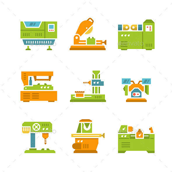 设置平机床——人造物体对象的图标Set Flat Icons of Machine Tool - Man-made objects ...