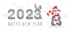 2023年是兔年。大量的圣诞兔和圣诞帽。中国新年的象征。节日的贺卡。矢量插图孤立在白色背景上
