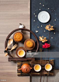 Stock Photo : Flat lay mid-autumn festival tea time conceptual still life image.