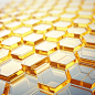 c4d perspective view of white hexagonal glass honeycomb background with a few yellow glass hexagons on topA 3D visualization of a white honeycomb background made of hexagonal glass with a few yellow glass hexagons on top viewed from a front perspective in