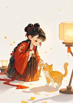 治愈系插画素材|小女孩和猫咪古风 - 小红书