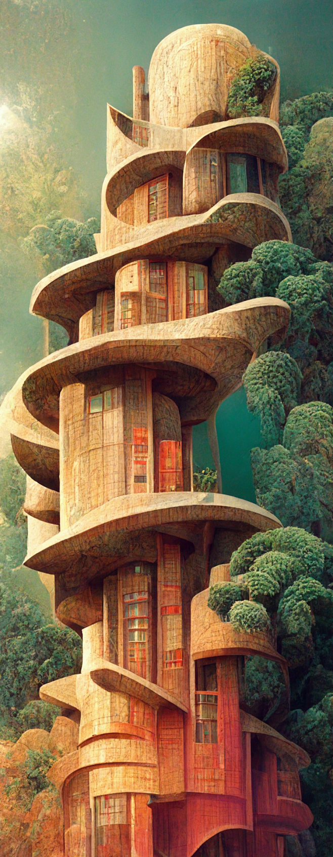 可持续发展的高大复古科幻住宅建筑，由竹子制成，上面覆盖着仙人掌，沙漠朋克，斯坦斯特姆，戏剧，建筑+逼真，电影艺术，概念艺术，电影+ 35mm ...