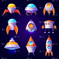 卡通火箭、 ufo 、宇宙飞船和航天飞机