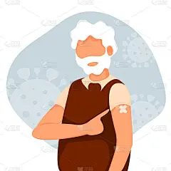 一位老人指着接种过疫苗的手。健康的概念，疫苗的传播，医疗保健，抗击冠状病毒的号召。彩色矢量插图在平面