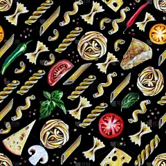 手绘无缝图案:意大利面与番茄，奶酪，罗勒，香料黑色。对于厨房、食品递送传单或餐厅菜单或纺织织物桌布、