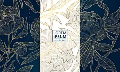 图源免费EPS |牡丹花卉金色艺术装饰图案的矢量集，花卉线条包装标签