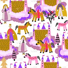 公主,童话故事,粉色,马,矢量,王子,四方连续纹样,绘画插图,城堡,树
