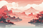 中国红山水风光手绘插画