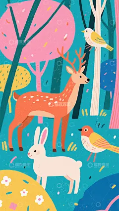 插画艺术：蓝底森林里的鹿兔鸟高清模板免费下载-趣麦麦图