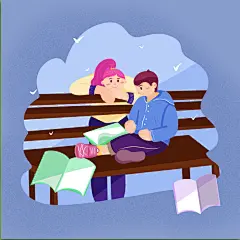 男生女生室外阅读扁平化读书人物插画