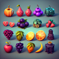 game sheet of different types of fruits, light background, clay, oily, shiny, game icon, blender, style of Hearthstone