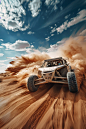 Photorealistic view of off-road vehicle with nature terrain and weather conditions