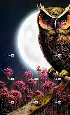 月亮 花朵 猫头鹰 晚上 夜晚 Ai产生的 自然 户外 手机壁纸